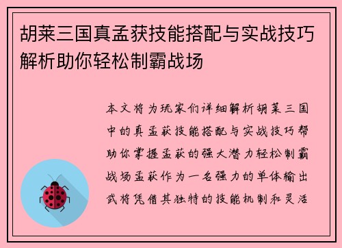 胡莱三国真孟获技能搭配与实战技巧解析助你轻松制霸战场
