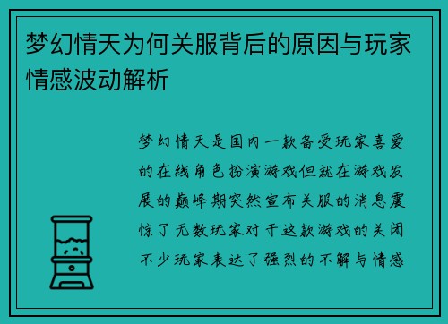 梦幻情天为何关服背后的原因与玩家情感波动解析